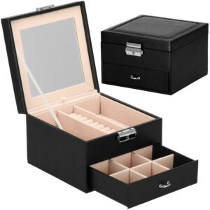 (DL) Cutie depozitare si organizare bijuterii, MDF, piele ecologica, 16 x 16 x 11cm, negru