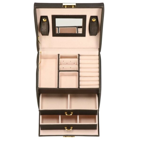 (DL) Cutie depozitare si organizare bijuterii, piele ecologica + piele intoarsa, 17,5 x 14 x 12,5 cm, maro inchis - Image 12