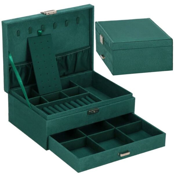Cutie depozitare si organizare bijuterii, velur, 27 x 19 x 10,5 cm, verde - Image 2