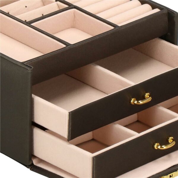 (DL) Cutie depozitare si organizare bijuterii, piele ecologica + piele intoarsa, 17,5 x 14 x 12,5 cm, maro inchis - Image 20