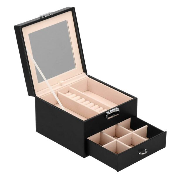 (DL) Cutie depozitare si organizare bijuterii, MDF, piele ecologica, 16 x 16 x 11cm, negru - Image 10