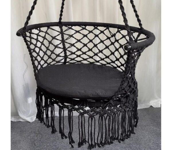 Kerek függőfotel otthonra vagy kertbe, rojtos, 150kg, párnával, fekete - Image 2