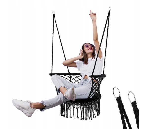 Kerek függőfotel otthonra vagy kertbe, rojtos, 150kg, párnával, fekete - Image 3