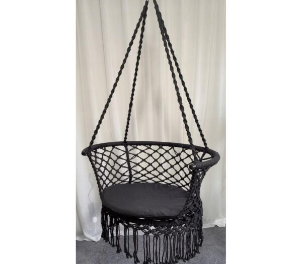 Kerek függőfotel otthonra vagy kertbe, rojtos, 150kg, párnával, fekete - Image 4