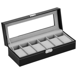 (DL) Cutie depozitare si organizare ceasuri, MDF, piele ecologica, 30x11x8cm, negru gri