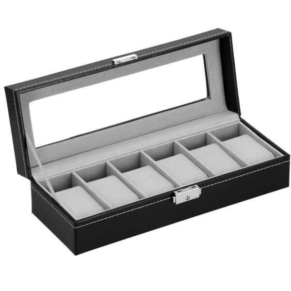 (DL) Cutie depozitare si organizare ceasuri, MDF, piele ecologica, 30x11x8cm, negru gri