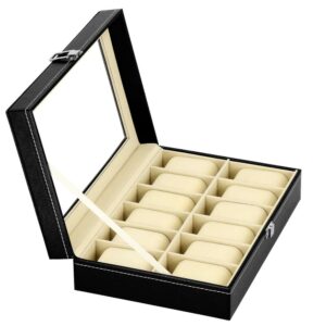 Óratároló és rendszerező doboz, MDF, ökobőr, 30x20x8cm, fekete krém belső