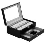 Cutie depozitare si organizare ceasuri si alte accesorii, MDF, piele ecologica, 30x20x13cm, negru