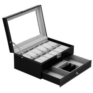 Cutie depozitare si organizare ceasuri si alte accesorii, MDF, piele ecologica, 30x20x13cm, negru