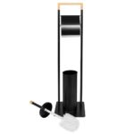Stand cu perie WC si suport hartie igienica, metal si bambus, 74cm, negru