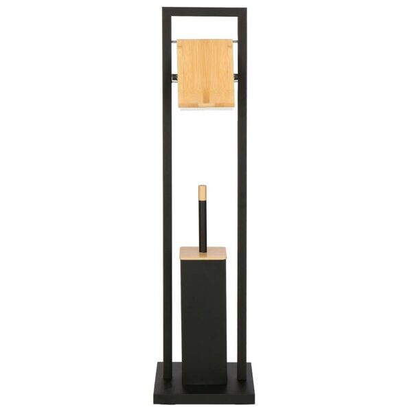 Stand cu perie WC si suport hartie igienica, metal si bambus, 80cm, negru - Image 2