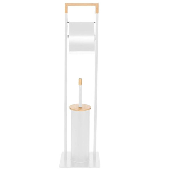 Stand cu perie WC si suport hartie igienica, metal si bambus, 76cm, alb perla - Image 9