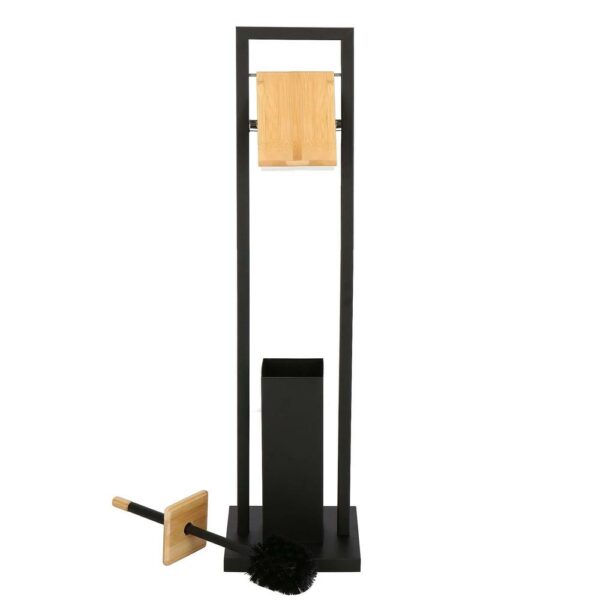 Stand cu perie WC si suport hartie igienica, metal si bambus, 80cm, negru - Image 11