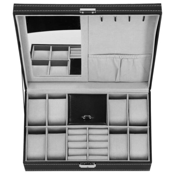 Cutie depozitare si organizare ceasuri si alte accesorii, MDF, piele ecologica, 30x20x8cm, negru - Image 9