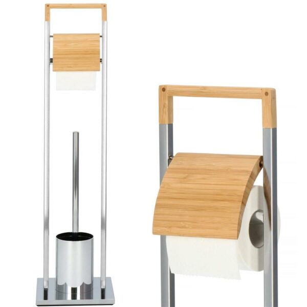 Stand cu perie WC si suport hartie igienica, inox si bambus, 75cm, argintiu - Image 11
