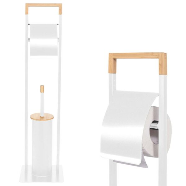 Stand cu perie WC si suport hartie igienica, metal si bambus, 76cm, alb perla - Image 10