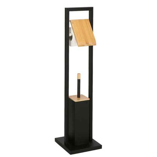 Stand cu perie WC si suport hartie igienica, metal si bambus, 80cm, negru - Image 12