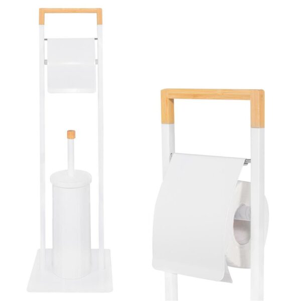 Stand cu perie WC si suport hartie igienica, metal si bambus, 74cm, alb - Image 11