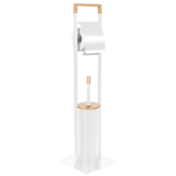 Stand cu perie WC si suport hartie igienica, metal si bambus, 76cm, alb perla - Image 11