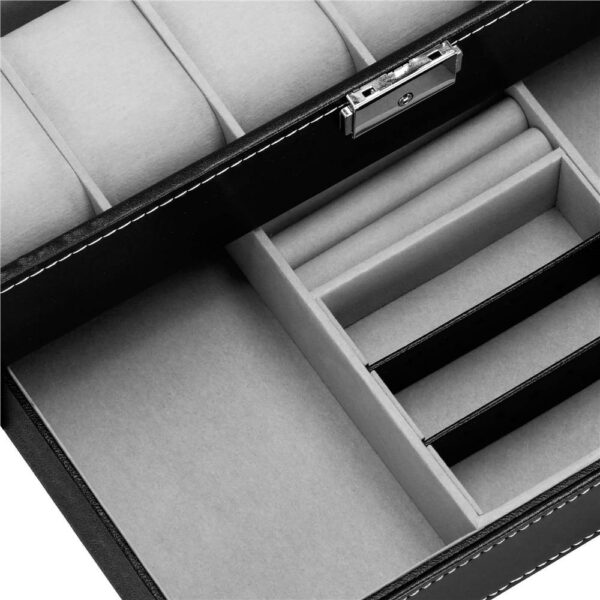 Cutie depozitare si organizare ceasuri si alte accesorii, MDF, piele ecologica, 30x20x13cm, negru - Image 13