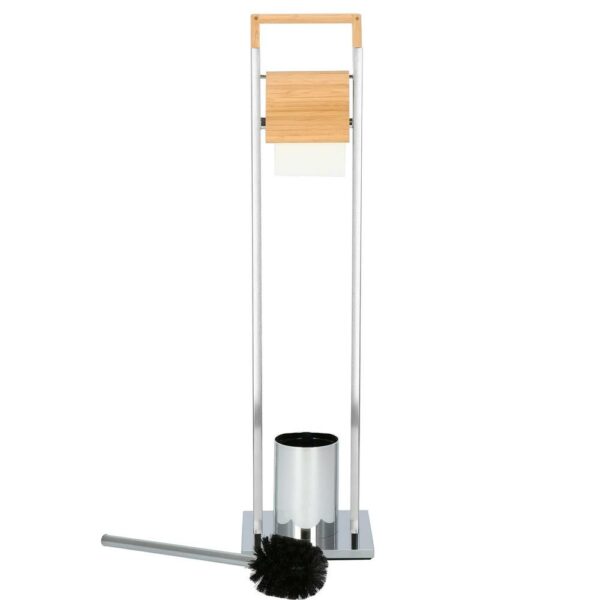 Stand cu perie WC si suport hartie igienica, inox si bambus, 75cm, argintiu - Image 2
