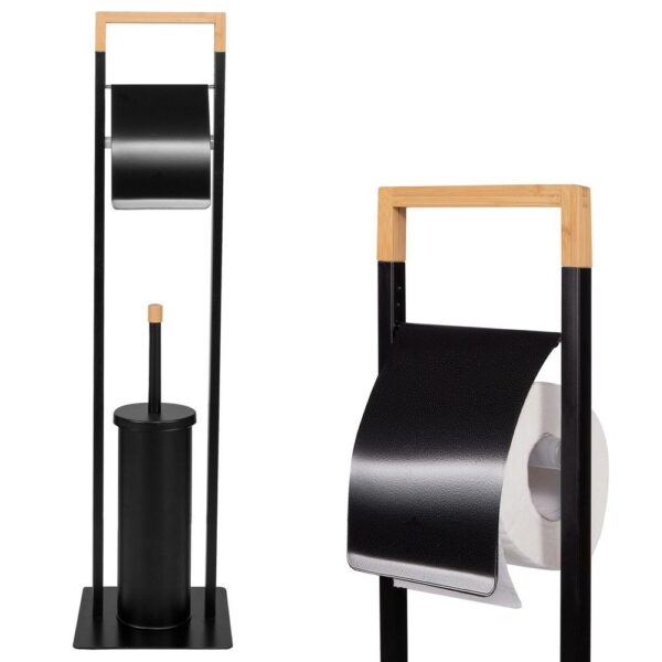 Stand cu perie WC si suport hartie igienica, metal si bambus, 74cm, negru - Image 2