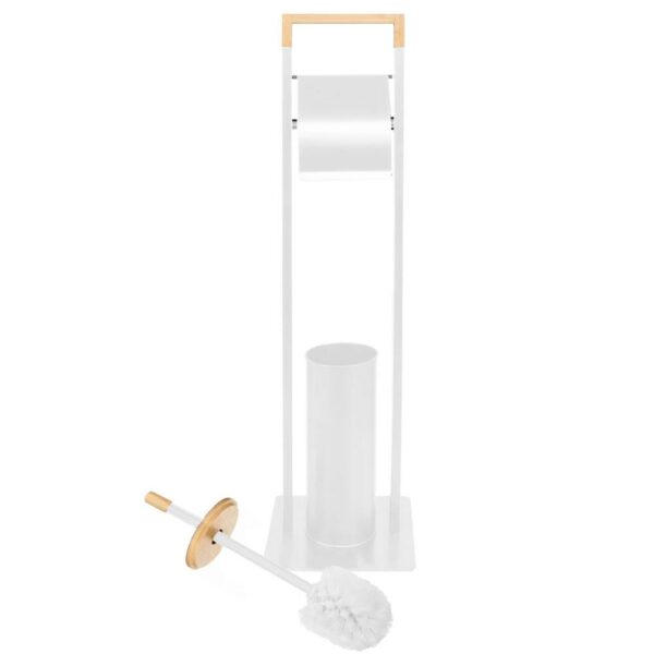 Stand cu perie WC si suport hartie igienica, metal si bambus, 76cm, alb perla - Image 2