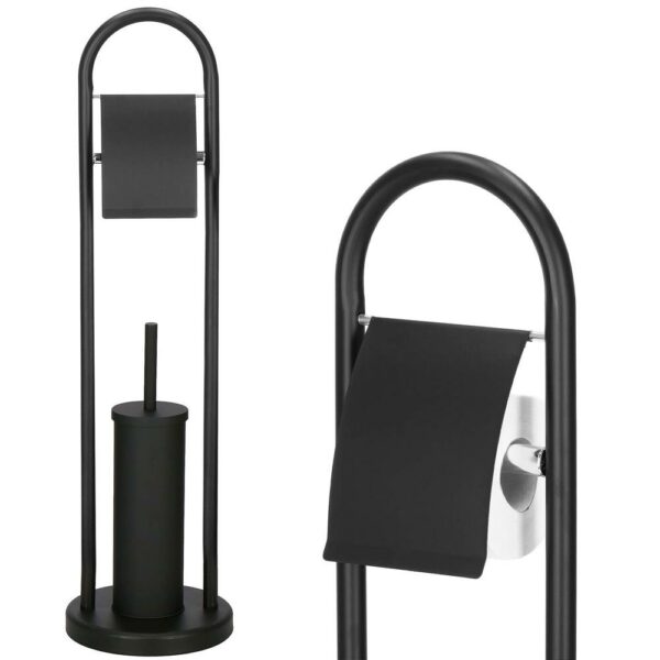Stand cu perie WC si suport hartie igienica, metal, 80cm, negru mat - Image 2