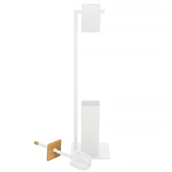 Stand cu perie WC si suport hartie igienica, metal si bambus, 79cm, gri deschis - Image 2