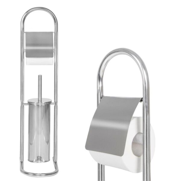 Stand cu perie WC si suport hartie igienica, inox, 72cm, argintiu - Image 2