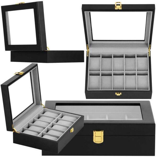 (DL) Cutie depozitare si organizare ceasuri, MDF, piele ecologica, 26,5x20x8cm, negru - Image 19