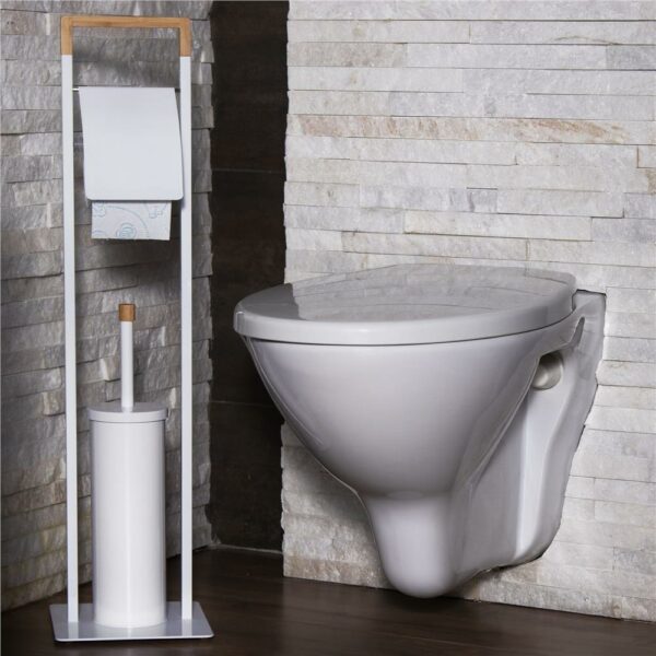 Stand cu perie WC si suport hartie igienica, metal si bambus, 74cm, alb - Image 2