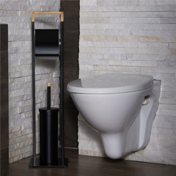 Stand cu perie WC si suport hartie igienica, metal si bambus, 74cm, negru - Image 3