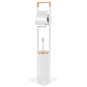 Stand cu perie WC si suport hartie igienica, metal si bambus, 76cm, alb perla