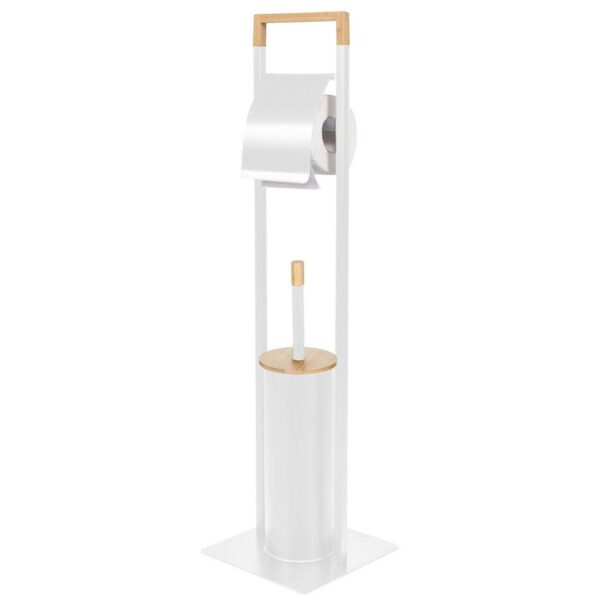 Stand cu perie WC si suport hartie igienica, metal si bambus, 76cm, alb perla