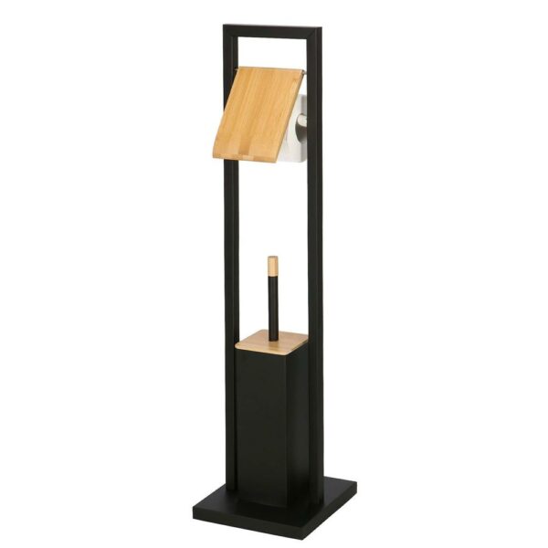 Stand cu perie WC si suport hartie igienica, metal si bambus, 80cm, negru - Image 4