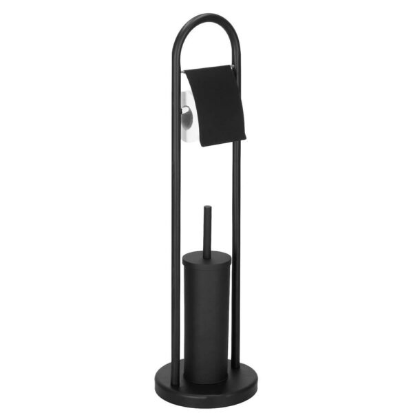 Stand cu perie WC si suport hartie igienica, metal, 80cm, negru mat - Image 3