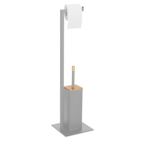 Stand cu perie WC si suport hartie igienica, metal, 79cm, gri - Image 3