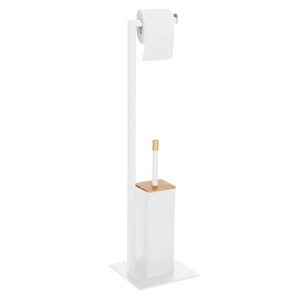 Stand cu perie WC si suport hartie igienica, metal si bambus, 79cm, gri deschis - Image 3