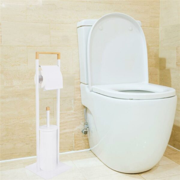 Stand cu perie WC si suport hartie igienica, metal si bambus, 74cm, alb - Image 3