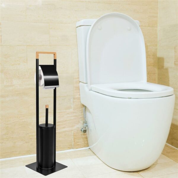 Stand cu perie WC si suport hartie igienica, metal si bambus, 74cm, negru - Image 4