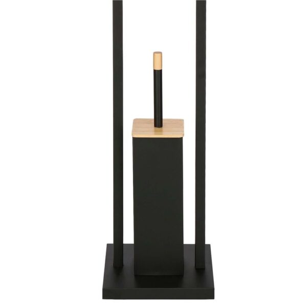 Stand cu perie WC si suport hartie igienica, metal si bambus, 80cm, negru - Image 5