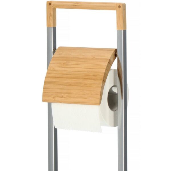 Stand cu perie WC si suport hartie igienica, inox si bambus, 75cm, argintiu - Image 5