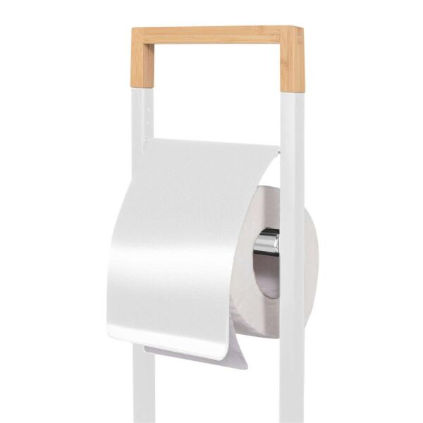 Stand cu perie WC si suport hartie igienica, metal si bambus, 76cm, alb perla - Image 5