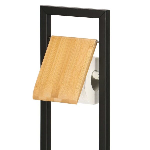 Stand cu perie WC si suport hartie igienica, metal si bambus, 80cm, negru - Image 7