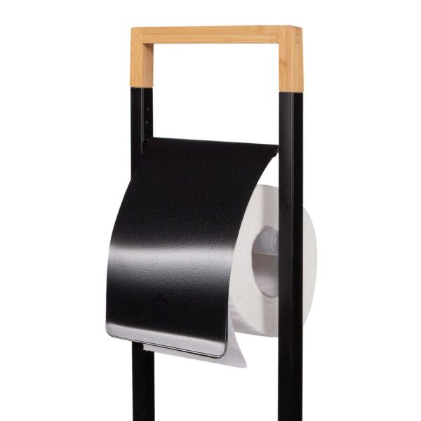 Stand cu perie WC si suport hartie igienica, metal si bambus, 74cm, negru - Image 7