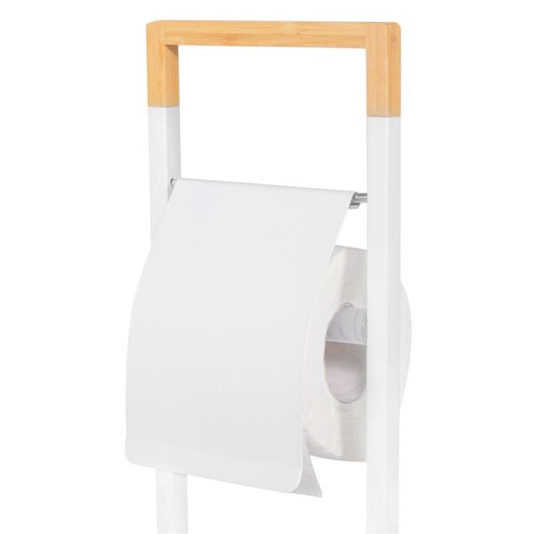 Stand cu perie WC si suport hartie igienica, metal si bambus, 74cm, alb - Image 6
