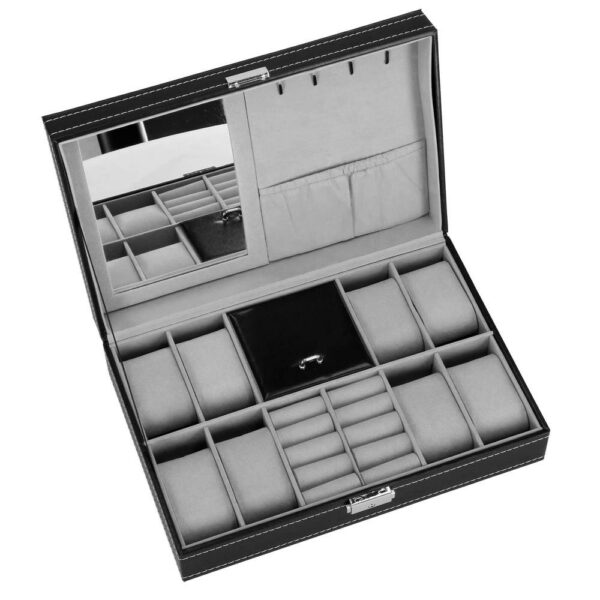 Cutie depozitare si organizare ceasuri si alte accesorii, MDF, piele ecologica, 30x20x8cm, negru