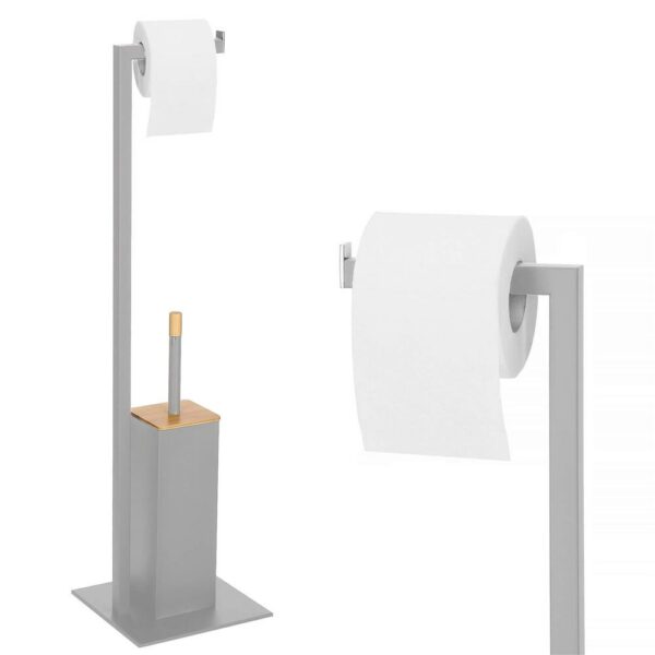 Stand cu perie WC si suport hartie igienica, metal, 79cm, gri - Image 9