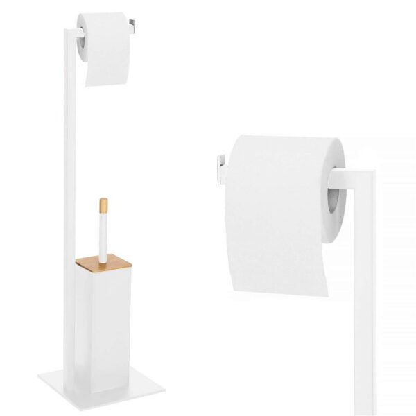 Stand cu perie WC si suport hartie igienica, metal si bambus, 79cm, gri deschis - Image 9
